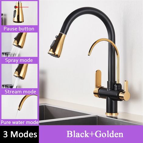 Robinet de cuisine à filtre tactile (sans capteur noir et or) avec douchette extractible et double poignée, mitigeur d'évier noir. (1/5)
