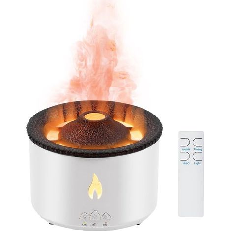Flammen-Aroma-Diffusor, Luftbefeuchter, Vulkan-Design, 300 ml, mit Timer/Lichtwechsel/Nachtlicht und Fernbedienung – Weiß/Cracked (1/5)