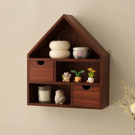 Présentoir/boîte de rangement mural en bois en forme de maison, idéal pour exposer des figurines, des poupées et des petites horloges. (1/5)