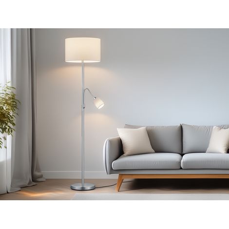 Große Stehlampe HOTEL Silber mit Leselampe & E27 Stoffschirm Weiß, Höhe 170cm (1/5)