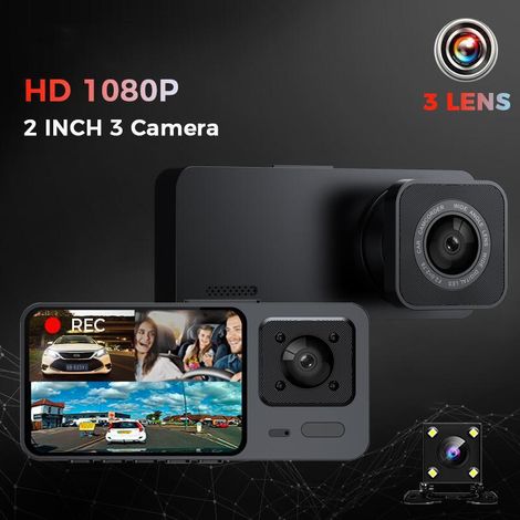 S10 Triple-Lens Dash Cam: Front, Interior, and Rear Recording, High-Definition 2.0-inch Night Vision Wide-Angle Parking Monitoring – Front + Interior + Rear + WIFI (1/4)