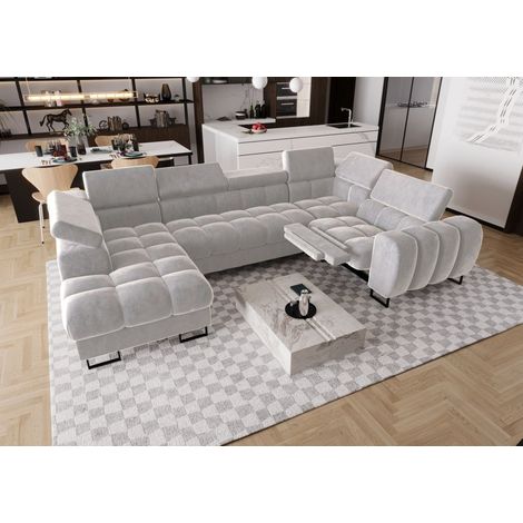 Wohnlandschaft Schlafsofa BASTIEN RELAX in Stoff Terra Hellgrau Ottomane Links