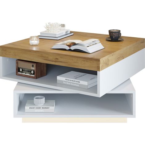 ELVMI Quadratischer Couchtisch mit 360° Drehbarer Platte, LED und Offenen Ablagen, für Wohnzimmer, MDF, 65 x 65 x 40 cm, Weiß Eiche (1/5)