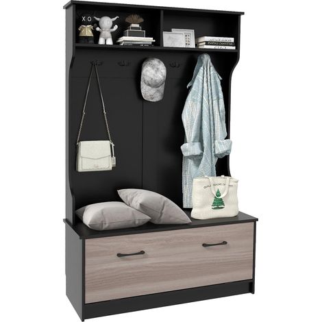GOPLUS Portemanteaux pour Entrée,Meuble Entrée avec Banc,Armoire de rangement,5 Crochets Doubles,100X40X160CM,Noir (1/5)