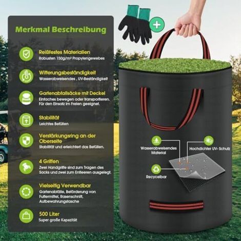 sacs de jardin de 500 L, sacs à feuilles, sacs à déchets verts, robustes avec couvercle et gant inclus - Grands sacs résistants à la déchirure et imperméables, pour les déchets de jardin et les collec (1/4)