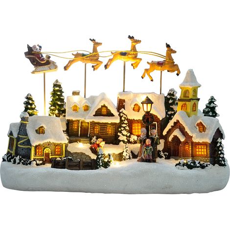 Village de Noël avec traîneau volant - animé à piles et lumineux
