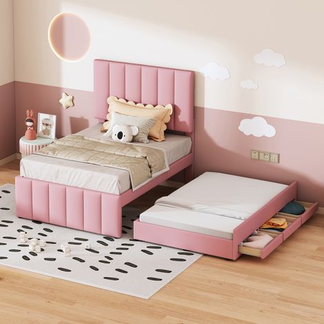 Letto singolo bambino 90x200 cm con letto estraibile, 3 cassetti, rosa, tessuto lino FloraGrace (1/5)
