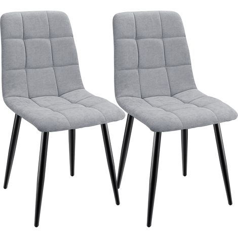 Lewe – Lot de 2 chaises de salle à manger rembourrées – Dossier haut en lin gris – Design damier – Pieds en fer forgé – Confort ergonomique