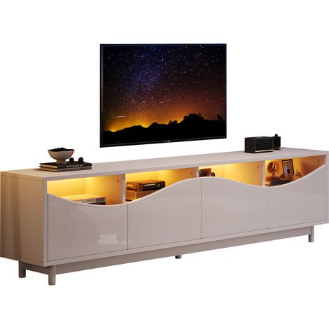 Meuble TV au design incurvé, blanc brillant, porte en verre trempé, éclairage LED, adapté comme meuble multimédia pour chambre et salon, 175 x 38 x 51 cm