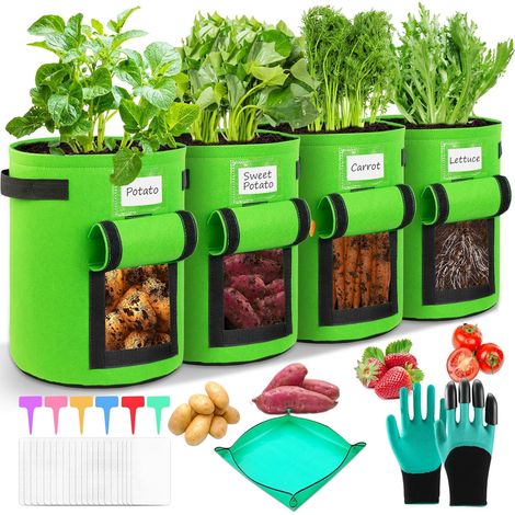 4 Piezas Bolsas de Cultivo de Papa 10 Galones,Bolsa de Plantación con Ventana de y Guantes de Jardinería,Bolsas para Plantas para Plantas,Tomates,Fresas,Pimientos,Zanahorias (1/4)