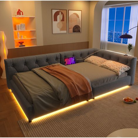 Letto daybed in lino grigio 90x200 cm con rete a doghe, testiera capitonné, USB e luce LED