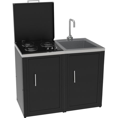 Set Cucina da Esterno a Gas 2 Elementi con Lavello Rubinetto e tagliere incassato - Struttura in Acciaio e Piano in Acciaio Inox - Nero