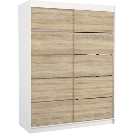 Les Tendances – Armoire blanche 2 portes coulissantes 150cm – Bois clair mat et aluminium – Aménagement intérieur avec étagères réglables et penderie (1/5)