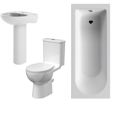 1700mm Bathroom Suite with Round Single Ended Bath Tub, Front Panel, 1 Tap Hole Basin and Pedestal - Toilet and Seat, Gloss White