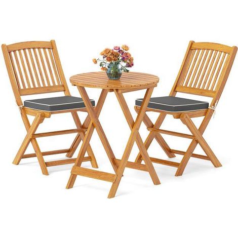 Ensemble bistrot pliant 3 pièces en bois d'acacia avec table et 2 chaises, coussins gris amovibles, pour balcon terrasse jardin (1/5)