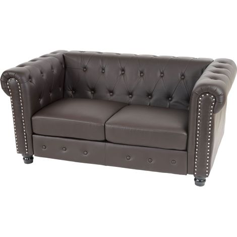 Divano 2 posti classico stile vittoriano Chesterfield ecopelle 90x160x74cm, marrone piedi rotondi