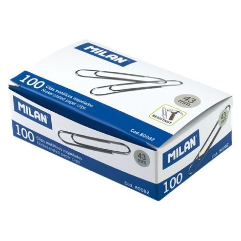 Milan Caja de 100 Clips Niquelados 43mm
Especificaciones:
-Cantidad por caja: 100 clips
-Tamaño: 43mm
-Color: Plata