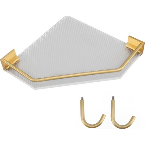 Étagère d'angle en acrylique transparent, fixation murale sans perçage, étagère flottante pour salle de bain et cuisine, rangement mural doré avec crochet (1/5)