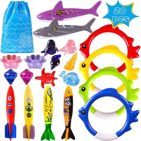 Lot de 20 jouets piscine pour enfants 3-12 ans – Bouée torpille plongée + accessoires flottants résistants et sécurisés (1/5)