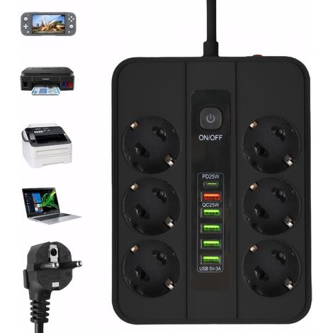 Multiprise - 6 Prises - 4 USB - 2 USB-C - Cordon 2 M - Protection Surcharge - Verrouillage Enfant - Noir (1/5)