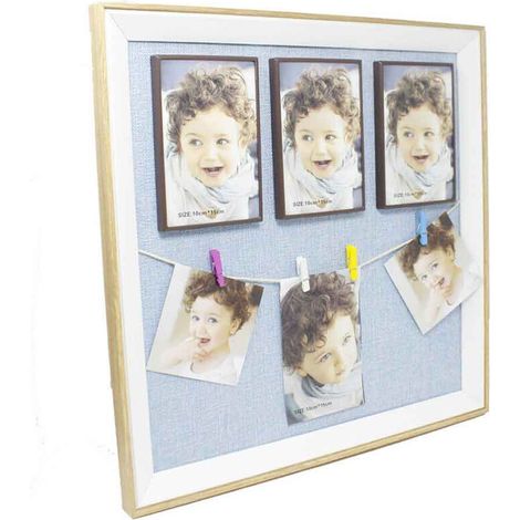 Cornice portafoto 7 fotografie telaio in legno con mollette per foto idea regalo celeste 64485