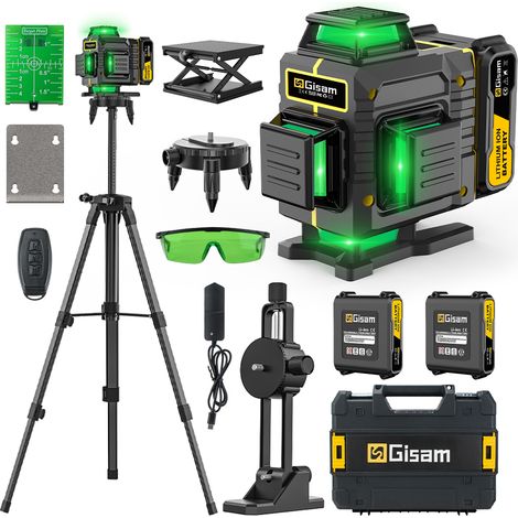 Gisam – Niveau laser 4x360° avec trépied – Laser vert haute luminosité – 16 lignes – Autonome jusqu'à 8h – Étanchéité IP54 – Télécommande incluse