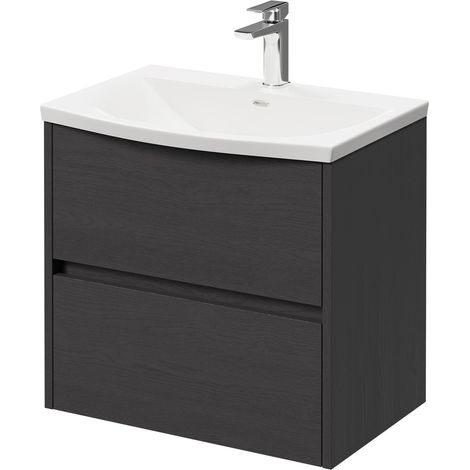 Montego Graphite Grey 600mm Wall Mounted Vanity Unit with 1 Tap Hole Curved Basin and 2 Drawers (1/5)