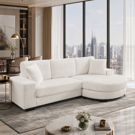 Canapé d’angle 3 places 256,5 x133,5 x89 cm avec pouf ovale modulable, 2 coussins, velours côtelé beige (1/5)