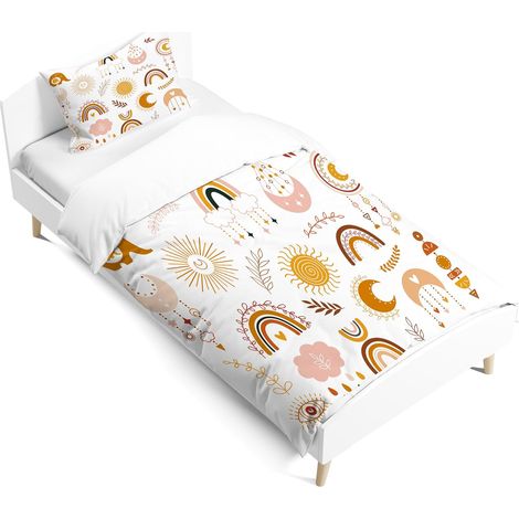 Housse de Couette Enfant Fille Arc-en-Ciel, taie d'oreiller Housse de Couette, Nuages en Style Dessin animé, Parure de lit avec Fermeture éclair Lisse. (Style C, 90x190cm) (1/5)