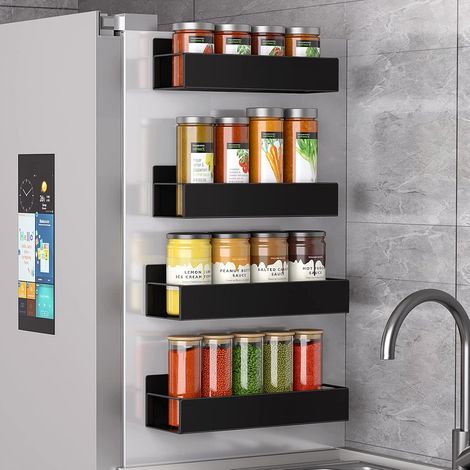 Lot de 4 supports magnétiques pour réfrigérateur, étagères à épices, étagères de cuisine, supports muraux, sans perçage, noir (1/5)