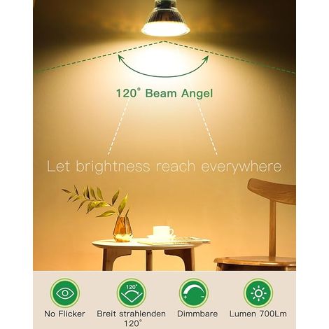 Ampoules LED GU10, GU10 Dimmable lot de 10, GU10 dimmable blanc chaud 2700K 650lm 6W Remplace les ampoules halogènes 65W, Angle de faisceau 120° Spot sans scintillement - 2700K (1/4)