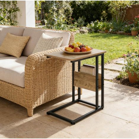 Tavolino laterale 55x36x59.5 cm grigio effetto legno in metallo e legno con ripiano laterale (1/4)