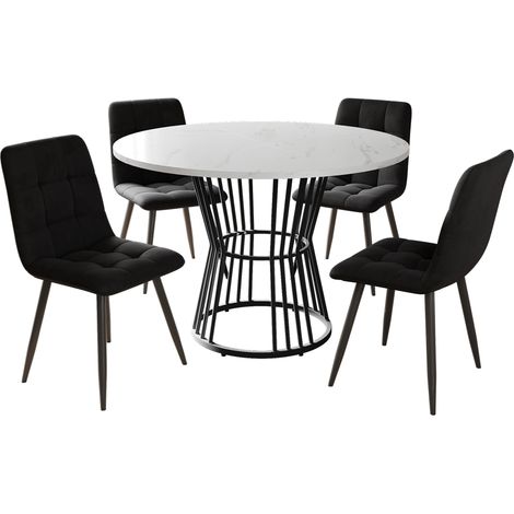 Ensemble de table à manger 5 pièces, avec 4 chaises, ensemble de table de cuisine, table ronde de 100 cm de diamètre avec pieds en métal noir, plateau en MDF blanc, chaises de salle à manger en velour (1/5)