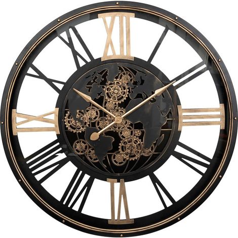 Atmosphera – Horloge murale rétro 110cm – Mécanisme silencieux – Engrenages mobiles et chiffres romains – Acier et verre noir (1/4)