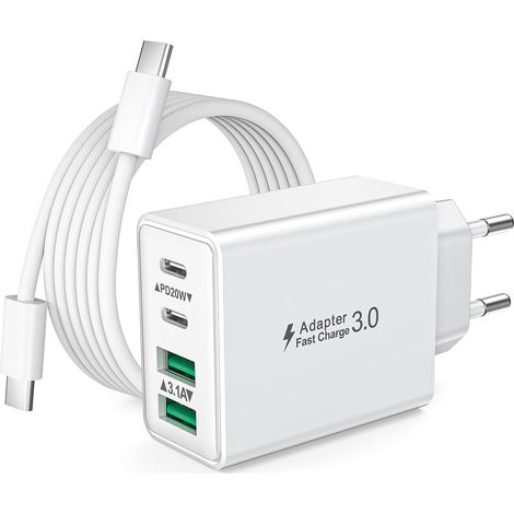 Chargeur USB C, 40W 4 Port Prise Chargeur iPhone Rapide Multiple Prise USBC avec 2M Cable USB C pour iPhone 14 13 12 11 Pro Max Plus X/XS/XR SE, Samsung, Prise USBC et Cable C-to C (1/5)