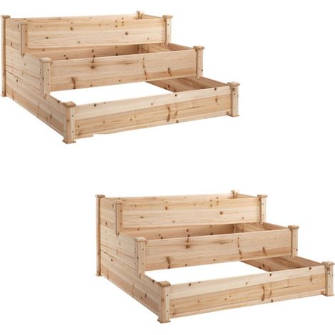 2er-Set hochbeet 3-stufiges Pflanzenbeet Kräuterbeet Blumentreppe für Balkon & Garten aus Natur Tannenholz 124x124x56 cm