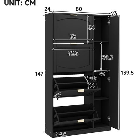 Meuble de rangement à chaussures design avec miroir, 4 casiers rabattables, tablette ajustable derrière le miroir droit, parfait pour couloir, noir, taille : L 80 x H 147 x P 24 cm (1/5)