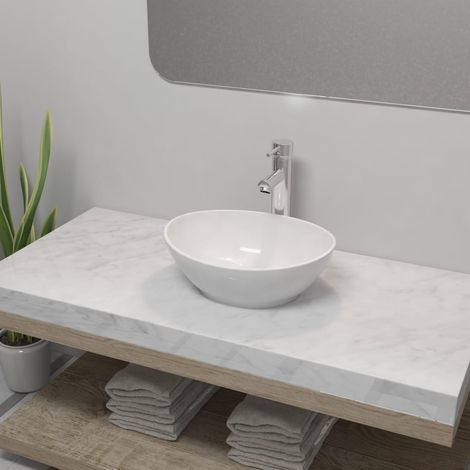 Lavabo de baño con grifo mezclador cerámica ovalado blanco vidaXL (1/5)