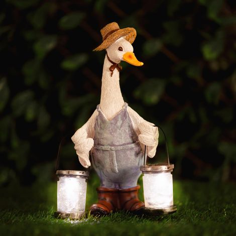 Solar Garden Ornament Duck with Lanterns Resin Garden Duck Statue Outdoor Solar Garden Figurine Light Patio Decor