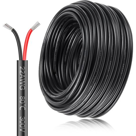 Câble électrique 22 AWG - 2 x 0,3 mm² - 50 m - Câble électrique à 2 fils - 5 V/12 V/24 V - Câble de terre en cuivre étamé - 300 V - Flexible et souple - Résistance aux températures élevées - Rallonge (1/5)