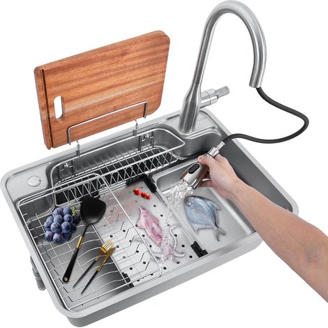 Fregadero de cocina, 70 x 48 x 23 cm, acero inoxidable, con sifón, escurridor enrollable y dispensador de jabón, acero inoxidable, con sifón, desagüe y sistema de rebosadero. (1/5)