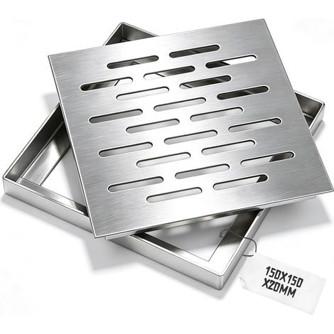 Stainless steel drainage grate with frame, square 150 x 150 x 20 mm, anti-slip, ideal for garden, terrace, bathroom and outdoor spaces. (1/5)