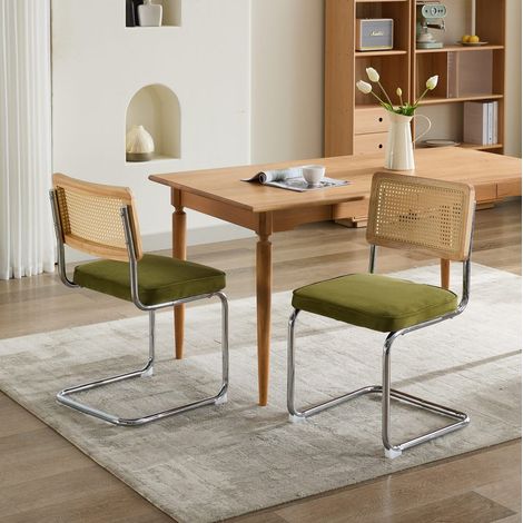 Sillas de comedor pack de 2, terciopelo, respaldo de ratán, base cromada, verde oliva DESVIAE (1/5)