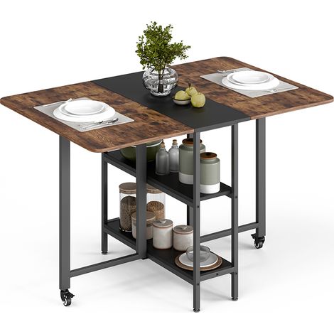 Table à manger Pliante Mobile avec 2 étagères,Table pliante de cuisine pour petits espaces,120 x 80 x 75 cm,Marron Rustique et Noir, Mondeer (1/5)