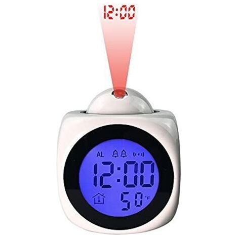 LED Réveil avec Projection, Réveil Numérique, Reveil Projecteur Plafond, Réveils Matin avec écran de température de Temps, Calendrier, Sons d’Alarme (Blanc) (1/4)
