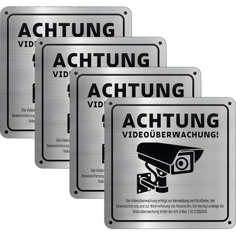 Argent Pancarte Video Surveillance,4 Pièces Trous Pré Percés et Dos Adhésif Panneau Camera Surveillance,Alliage d'Aluminium Robuste et Durable,Pour Immeubles d'Habitation (1/5)