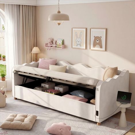 Canapé-lit 90x200 cm avec rangement hydraulique et port USB et dossier Pour les chambres d'enfants ou d'adultes Velours Beige (1/5)