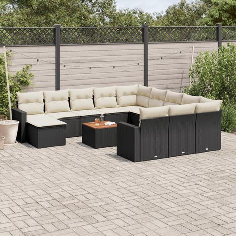 Ensemble Modulaire Salon Jardin 13 Pièces Noir Résine Tressée  Canapés, Table Acacia, Coussins Crème  Design Contemporain (1/3)