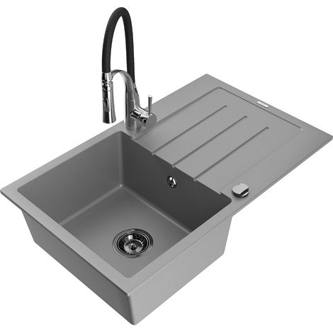 Mexen Bruno fregadero de granito de 1 cubeta con escurridor y grifo de cocina Aster, gris - 6513-71-73450-07-B (1/5)