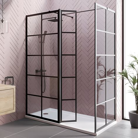 Aquari Grid Wet Room Screen Walk In Shower Enclosure Matt Black 800mm & 800mm with 300mm Hinged Return Panel 8mm Toughened Glass (1/5)